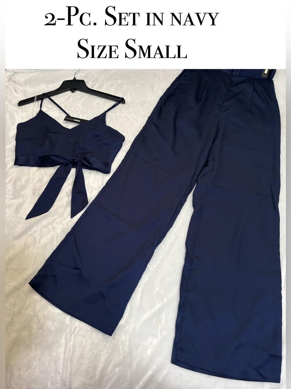 2-Pc. Pant Set, women’s FASHION NOVA satin-like in navy color